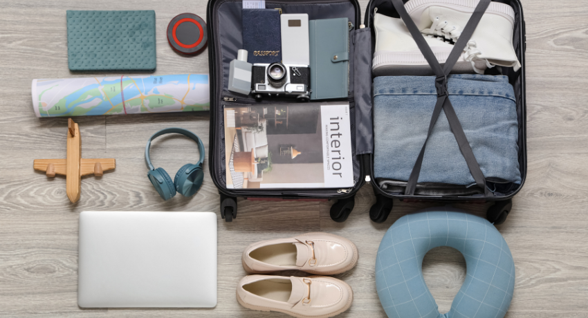 Mala aberta com roupas dobradas e tênis organizados, cercada por laptop, fones de ouvido, mapa, câmera, sapatos e travesseiro de pescoço sobre piso de madeira.